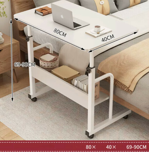 Hot push liftable mobile computer desk (double layer - warm white) [size: length 80*width 40*height 69-90cm]