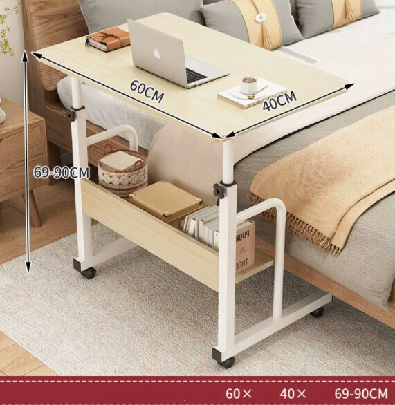 Hot Push Liftable Mobile Computer Desk (Double Layer - Brushed White Oak) [Dimensions: Length 60* Width 40* Height 69-90cm]