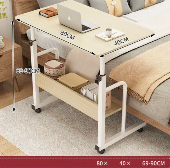 Hot Push Liftable Mobile Computer Desk (Double Layer - Brushed White Oak) [Dimensions: Length 80* Width 40* Height 69-90cm]