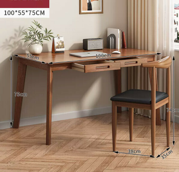 Hot recommendation solid wood computer desk (with drawer - walnut color 100x55cm) [desk and chair combination]