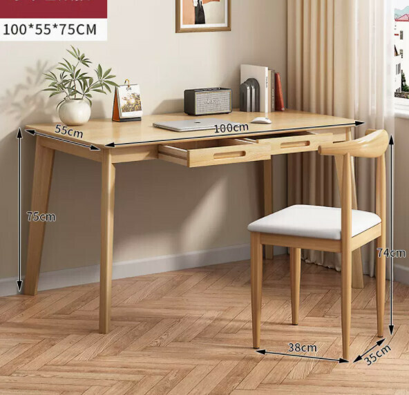 Hot Recommended Solid Wood Computer Desk (With Pull-Original Wood Color 100x55cm) [Table and Chair Combination]