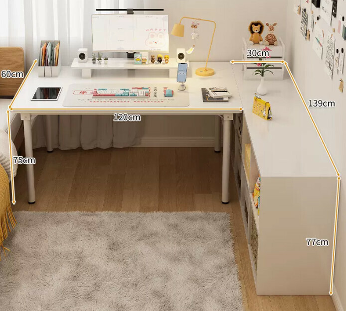 New study desk L-shaped bookshelf (white table + white eight-lattice cabinet)