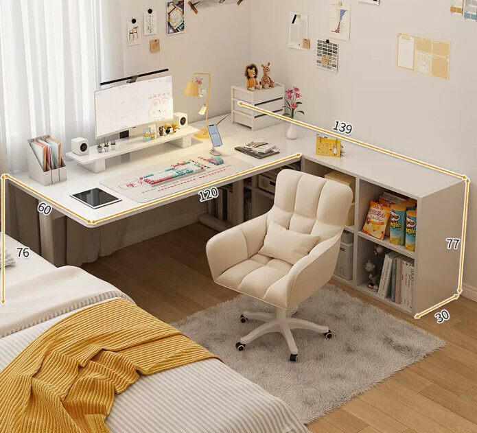 New study desk L-shaped bookshelf ([three-piece set] white eight grids + white table + swivel chair)