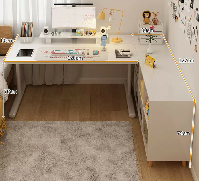 New study desk L-shaped bookshelf ([two-piece set] white eight-compartment cabinet with solid wood legs + white table)