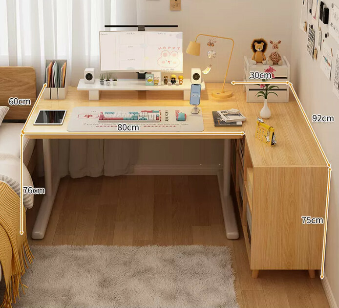 New study desk L-shaped bookshelf ([two-piece set] solid wood legs, six grids in wood color + wood color table)