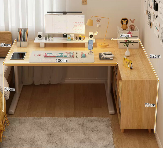 New study desk L-shaped bookshelf ([two-piece set] solid wood legs, six grids in wood color + wood color table)