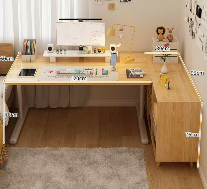 New study desk L-shaped bookshelf ([two-piece set] solid wood legs, six grids in wood color + wood color table)