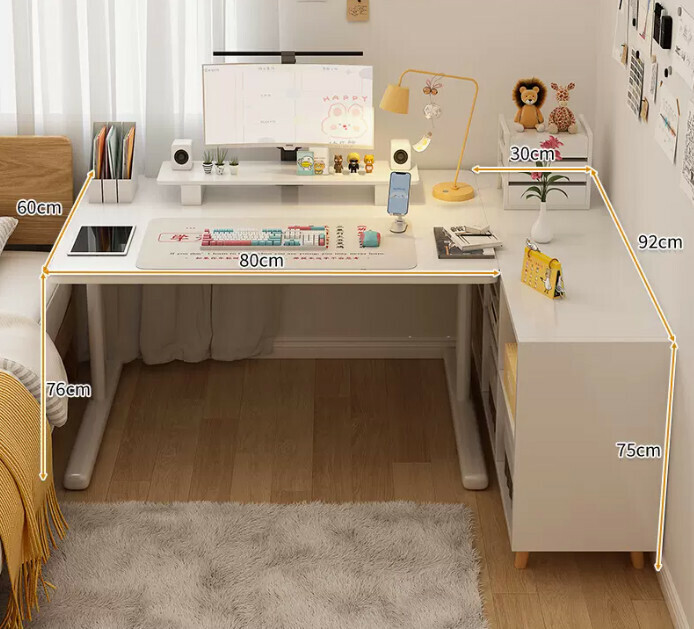New study desk L-shaped bookshelf ([two-piece set] solid wood legs, white six grids + white table)