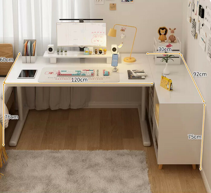 New study desk L-shaped bookshelf ([two-piece set] solid wood legs, white six grids + white table)