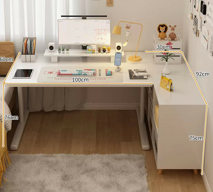 New study desk L-shaped bookshelf ([two-piece set] solid wood legs, white six grids + white table)
