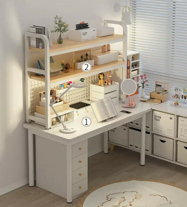 New desk and bookshelf integrated office desk (elegant white single table 80*40CM + rain silk silver oak color storage rack 75*20*98CM)