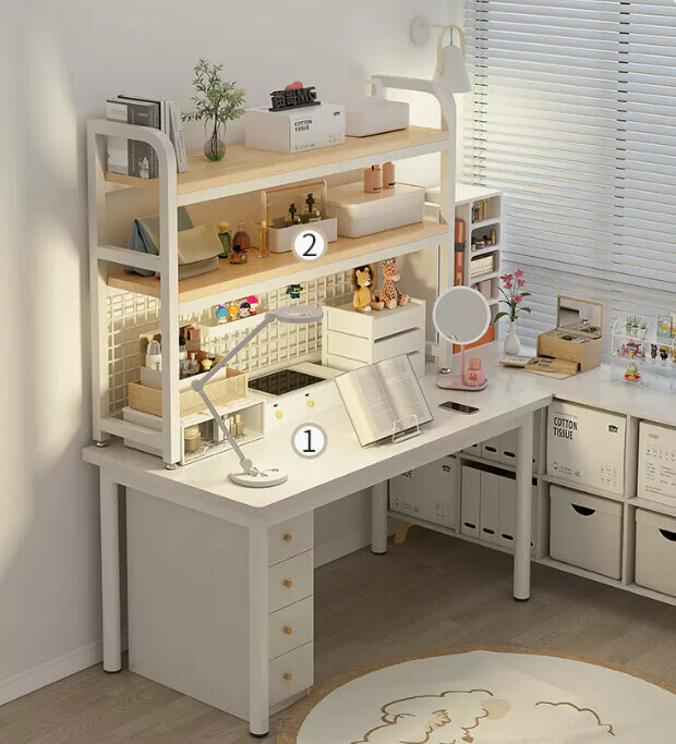 New desk and bookshelf integrated office desk (elegant white single table 80*50CM + rain silk silver oak color storage rack 75*20*98CM)