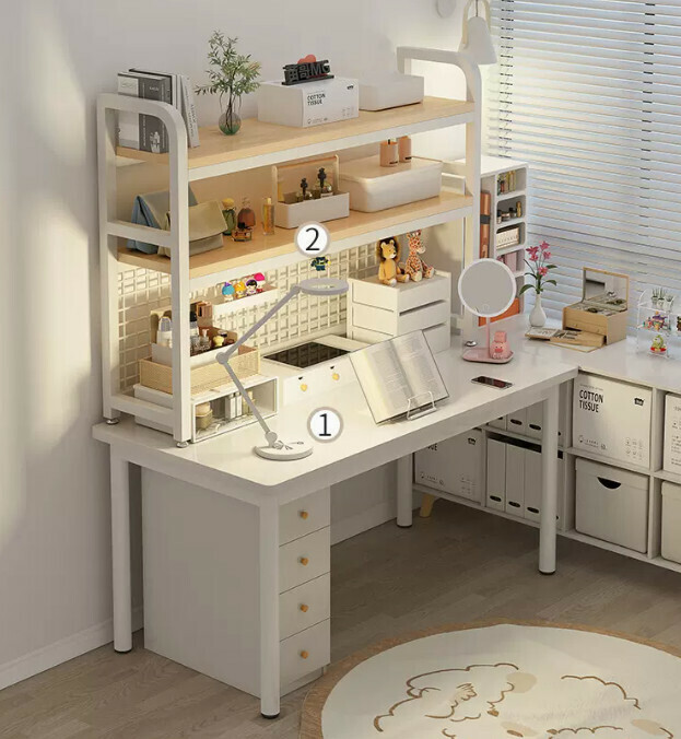 New desk and bookshelf integrated office desk (elegant white single table 100*50CM + rain silk silver oak color storage rack 95*20*98CM)