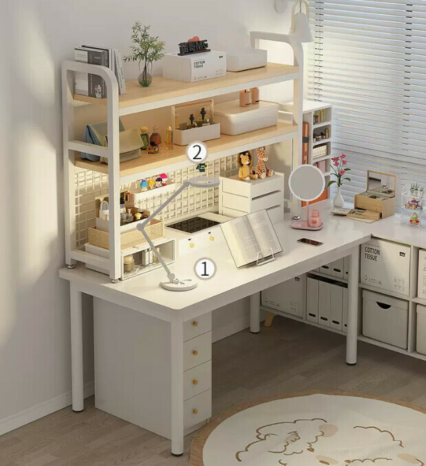 New desk and bookshelf integrated office desk (elegant white single table 100*60CM + rain silk silver oak color storage rack 95*20*98CM)
