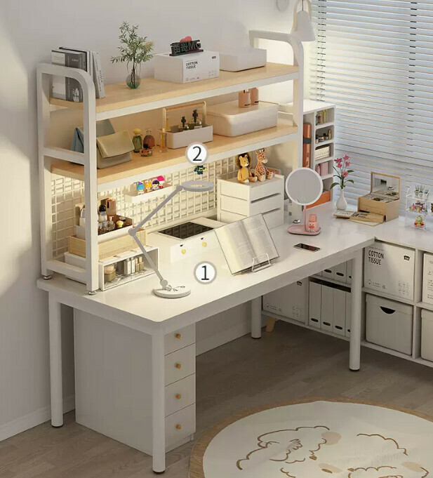 New desk and bookshelf integrated office desk (elegant white single table 140*60CM + rain silk silver oak color storage rack 115*20*98CM)