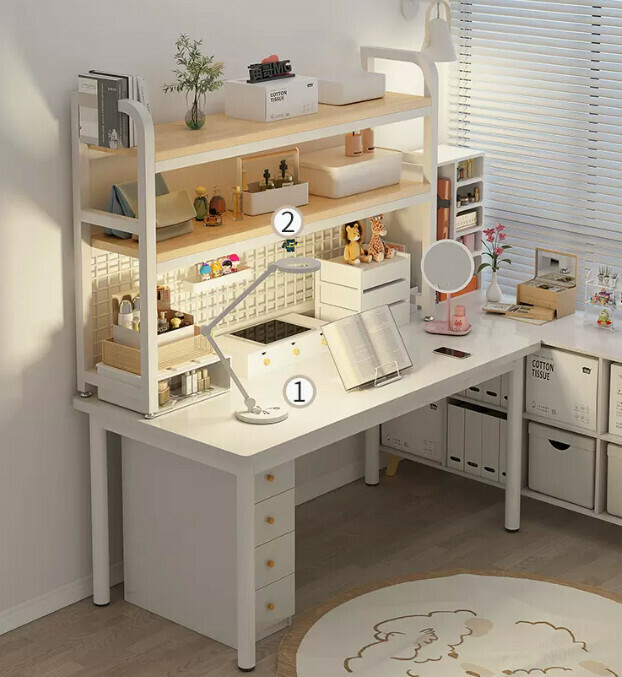 New desk and bookshelf integrated office desk (elegant white single table 120*60CM + rain silk silver oak color storage rack 115*20*98CM