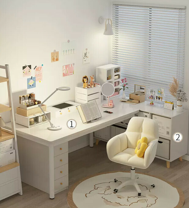 New desk and bookshelf integrated office desk (elegant white single table + eight-lattice cabinet 100*60CM)