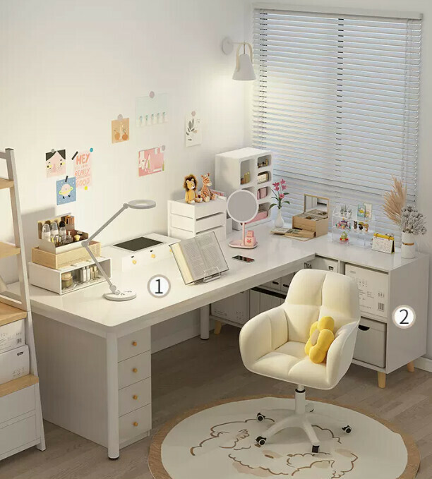 New desk and bookshelf integrated office desk (elegant white single table + eight-lattice cabinet 120*50CM)