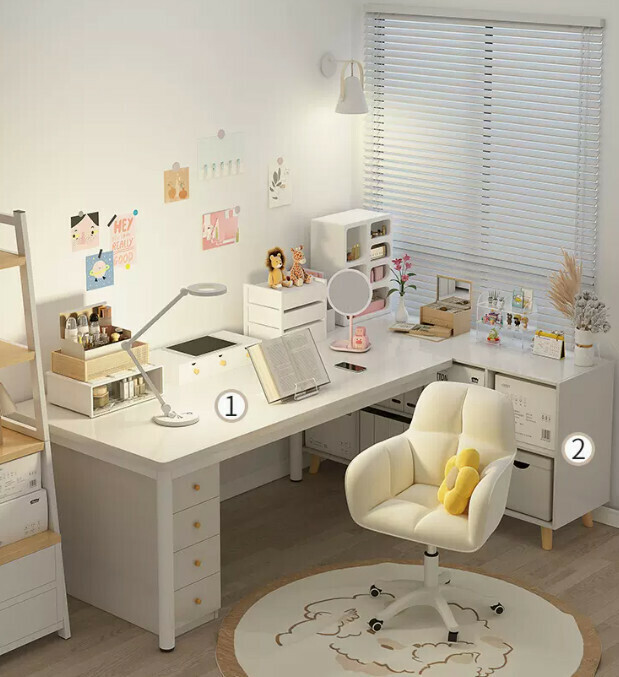 New desk and bookshelf integrated office desk (elegant white single table + eight-lattice cabinet 120*60CM)