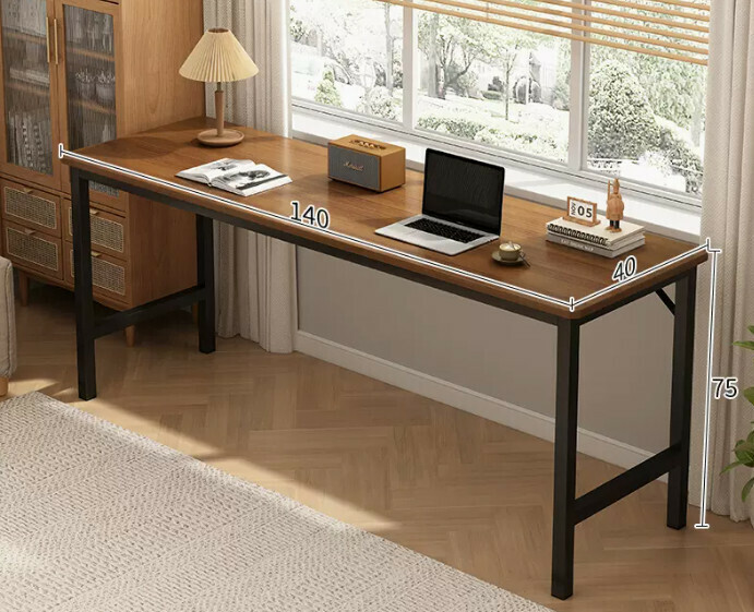 New simple desk computer table ([reinforced diagonal brace thick steel frame] dark oak color 140*40*75CM)