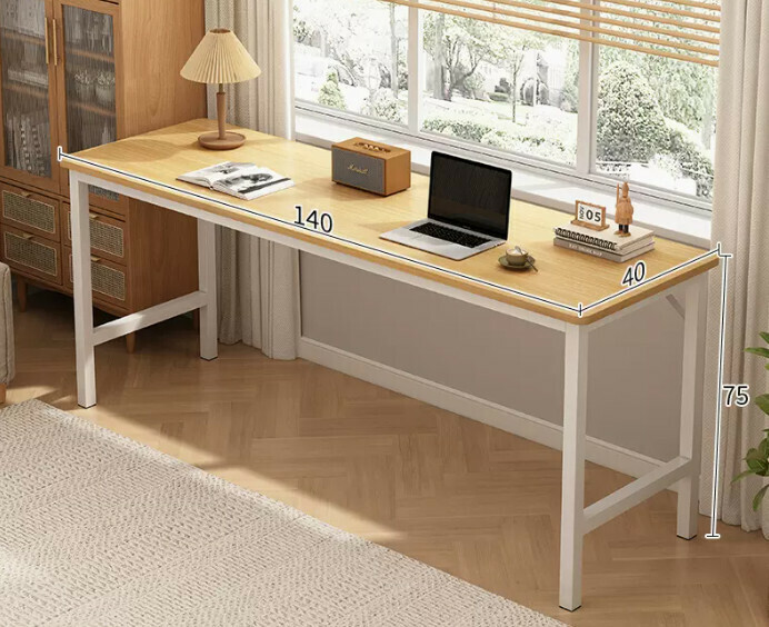 New simple desk computer table ([reinforced diagonal brace thick steel frame] solid wood color 140*40*75CM)