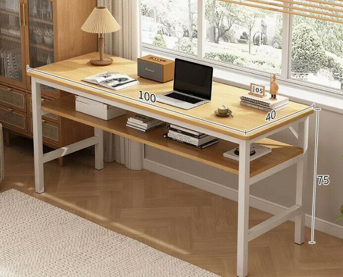 New simple desk computer table ([upgraded reinforced double-layer storage] double-layered wood color 100*40*75CM)