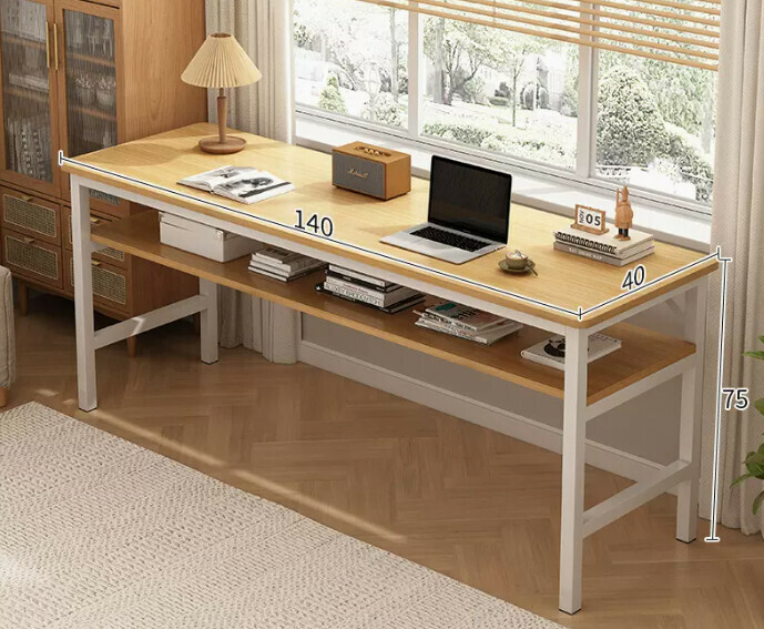 New simple desk computer desk ([upgraded reinforced double-layer storage] double-layered wood color 140*40*75CM)