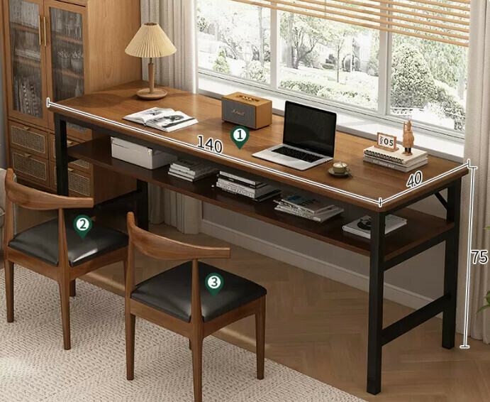 New simple desk computer table ([desk and chair combination-2 chairs] double layer dark oak color 140*40*75cm)