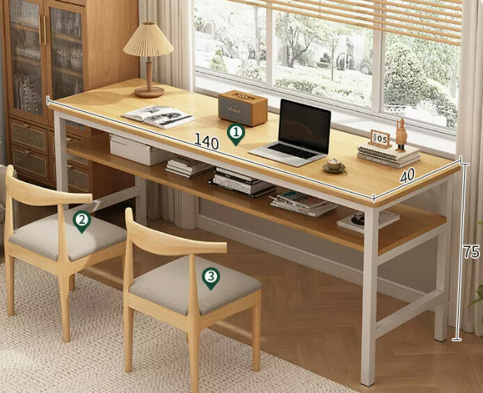 New simple desk and computer table ([desk and chair combination-2 chairs] double-layered wood color 140*40*75cm)