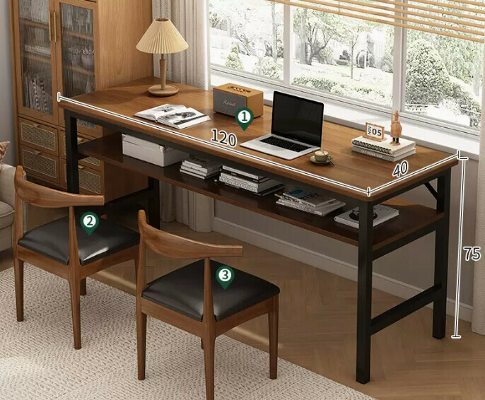New simple desk computer table ([desk and chair combination-2 chairs] double layer dark oak color 120*40*75cm)