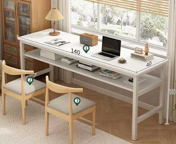New simple desk computer table ([desk and chair combination-2 chairs] warm white double layer 140*40*75cm)