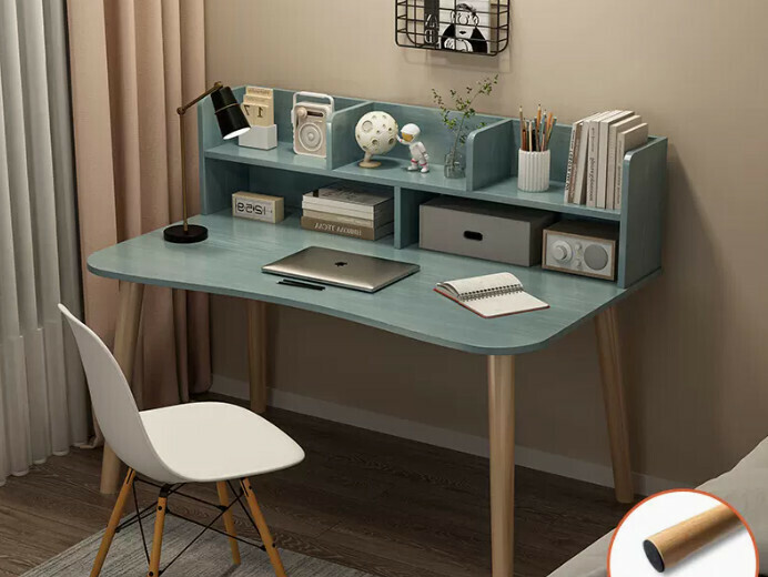 New simple writing desk (100*50*73CM curved with bookshelf blue pine color)