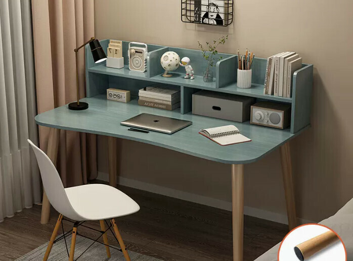 New simple writing desk (120*60*73CM curved with bookshelf blue pine color)