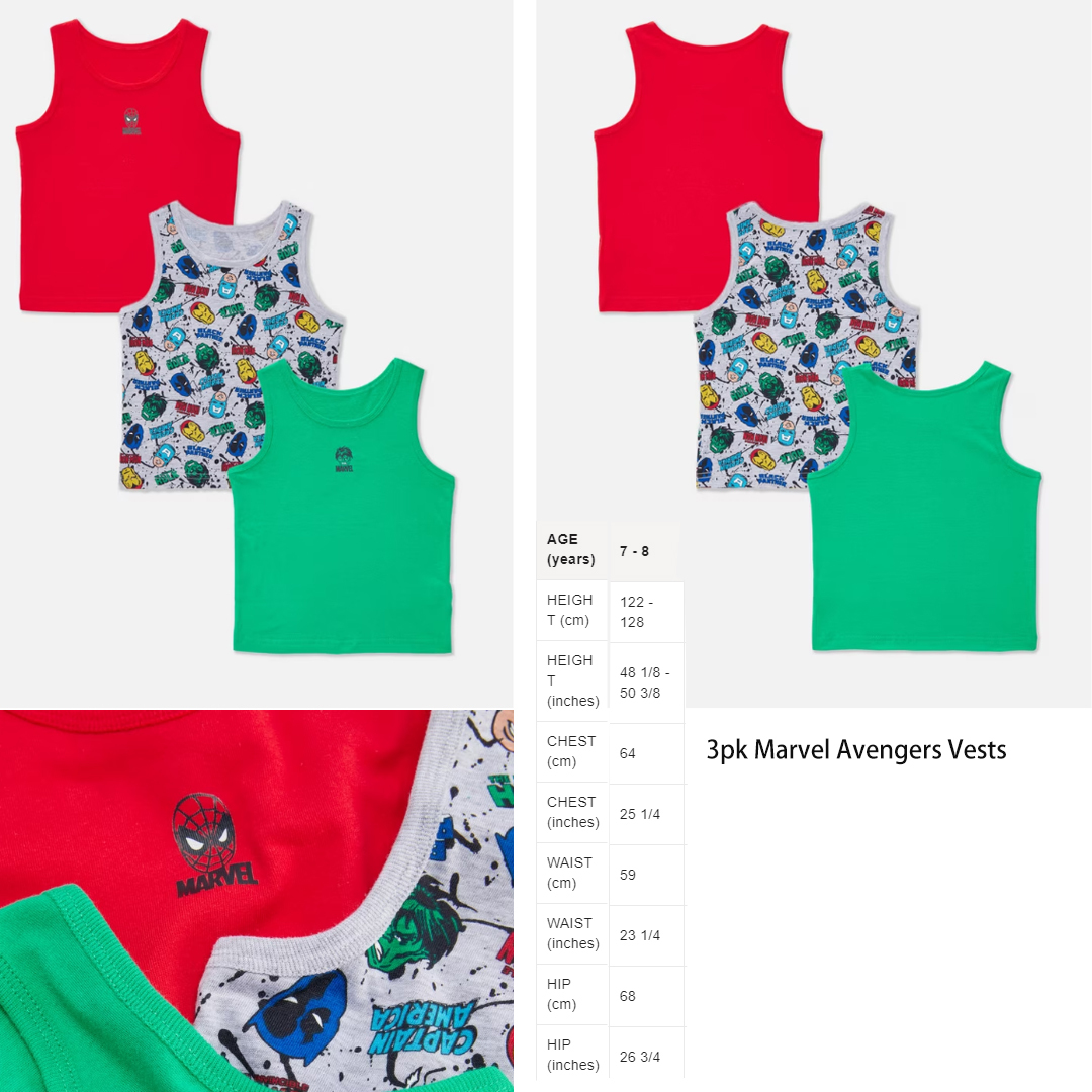 3件 漫威復仇者聯盟背心 (7-8歲) - 請參閱尺寸表