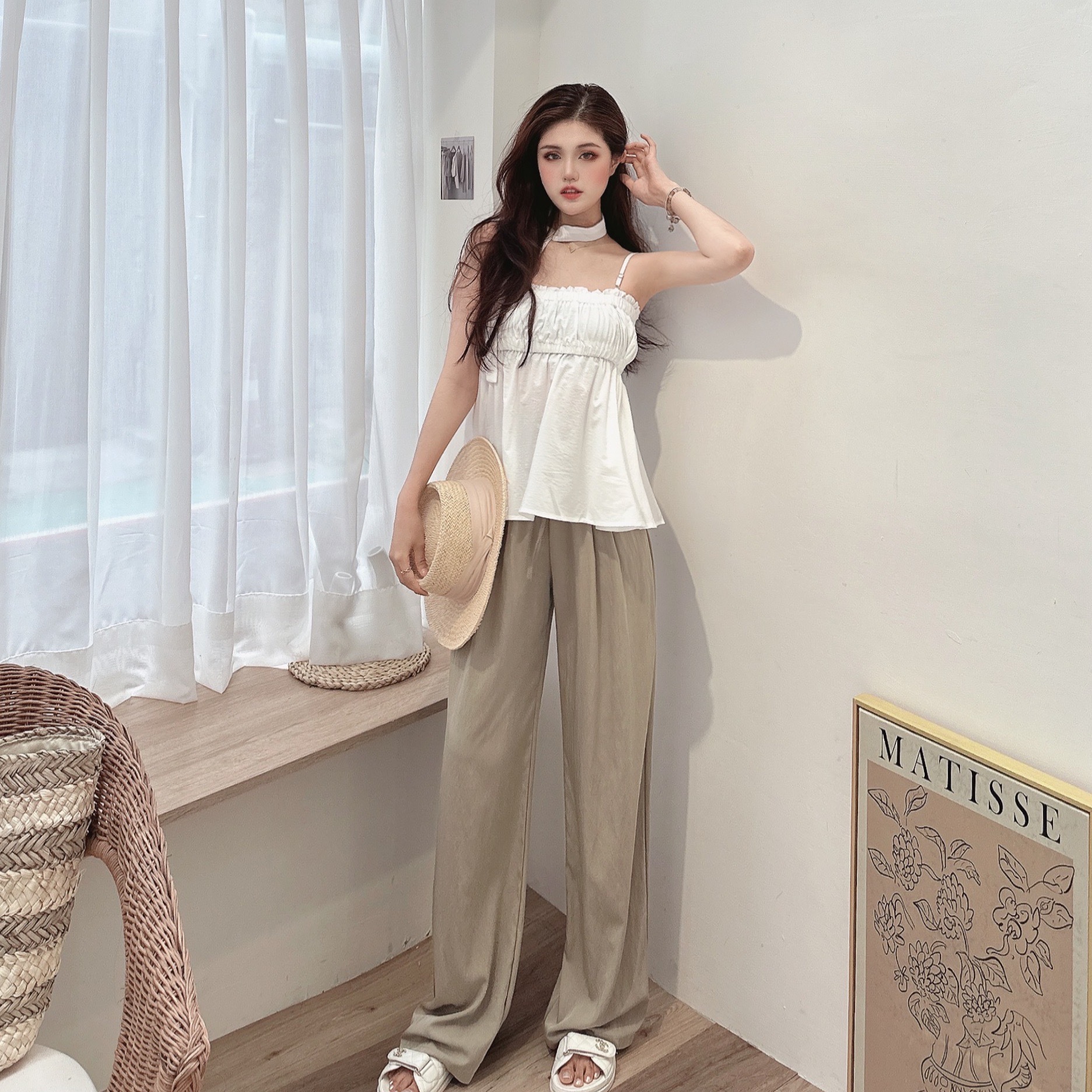 涼感絲滑綁繩寬褲/三色