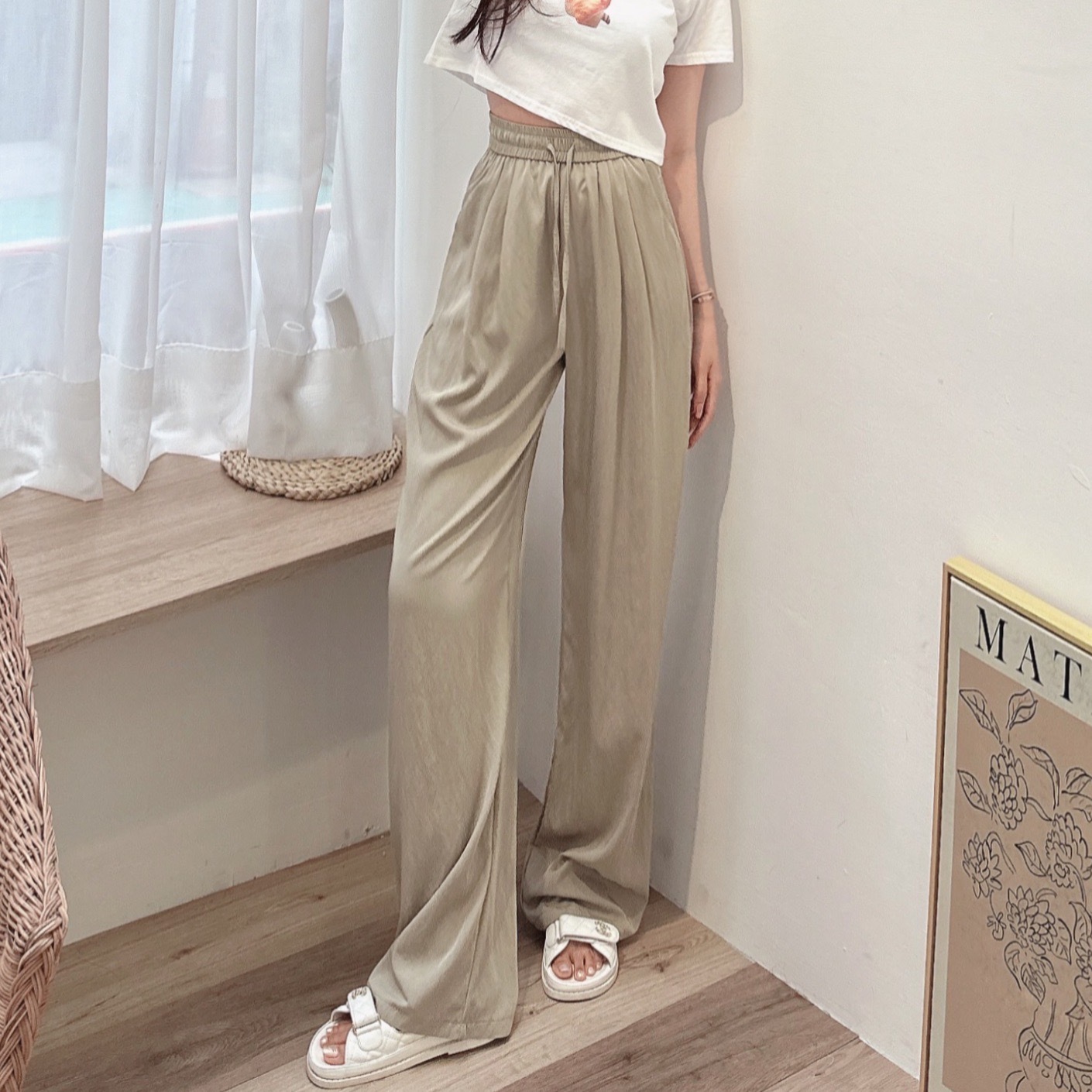涼感絲滑綁繩寬褲/三色