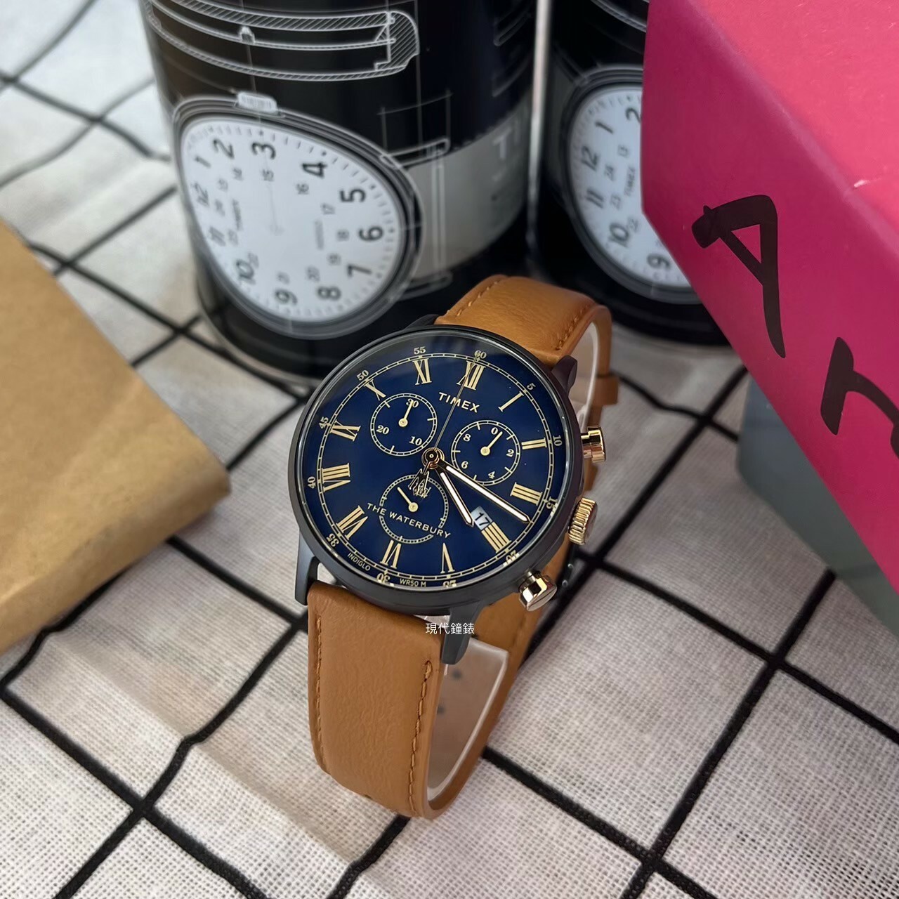 【TIMEX 天美時】三眼計時 復古潮流 ( 藍x黑框x棕) TXTW2U88200 40mm 現代鐘錶
