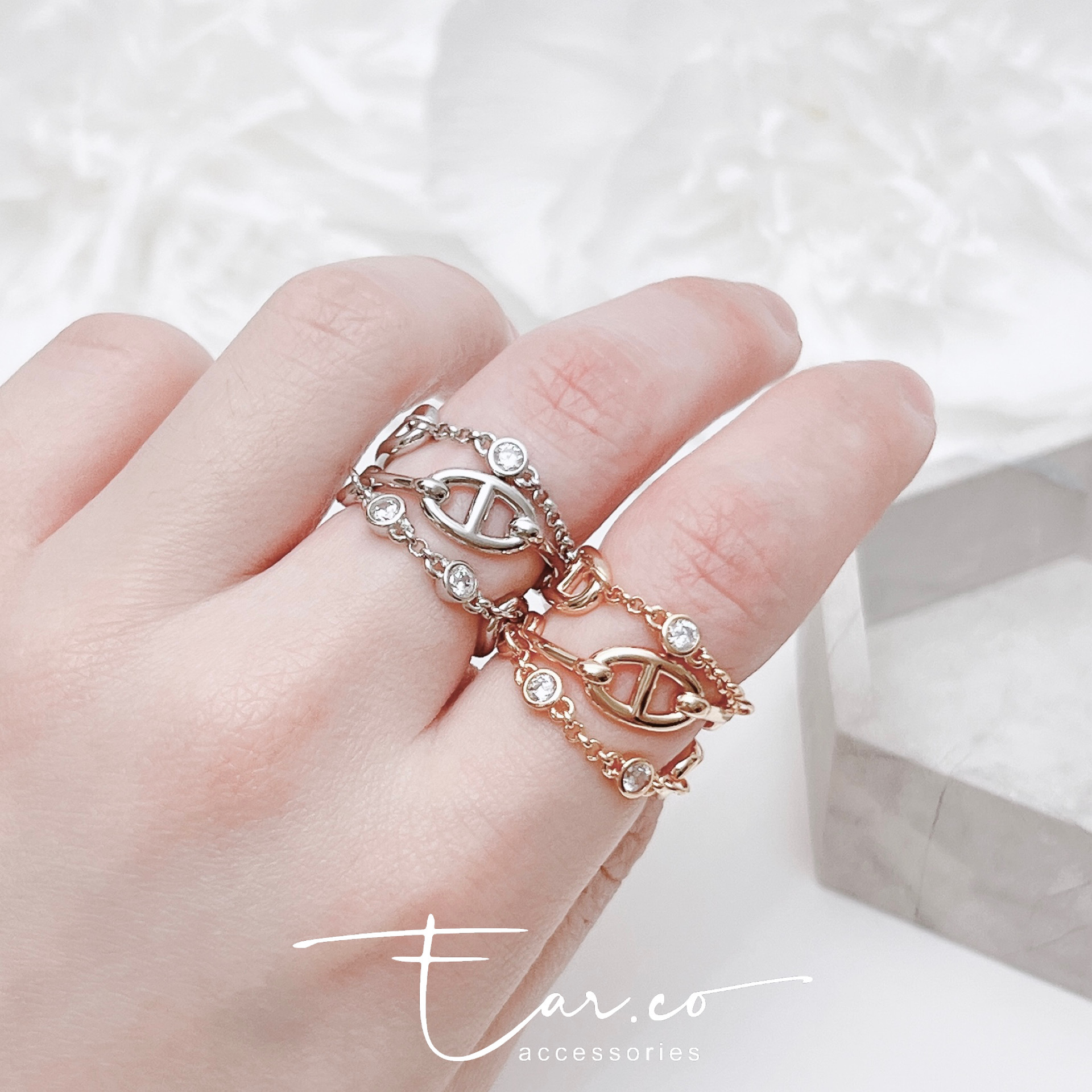 三層鏈條豬鼻圖案純銀戒指 #A1076