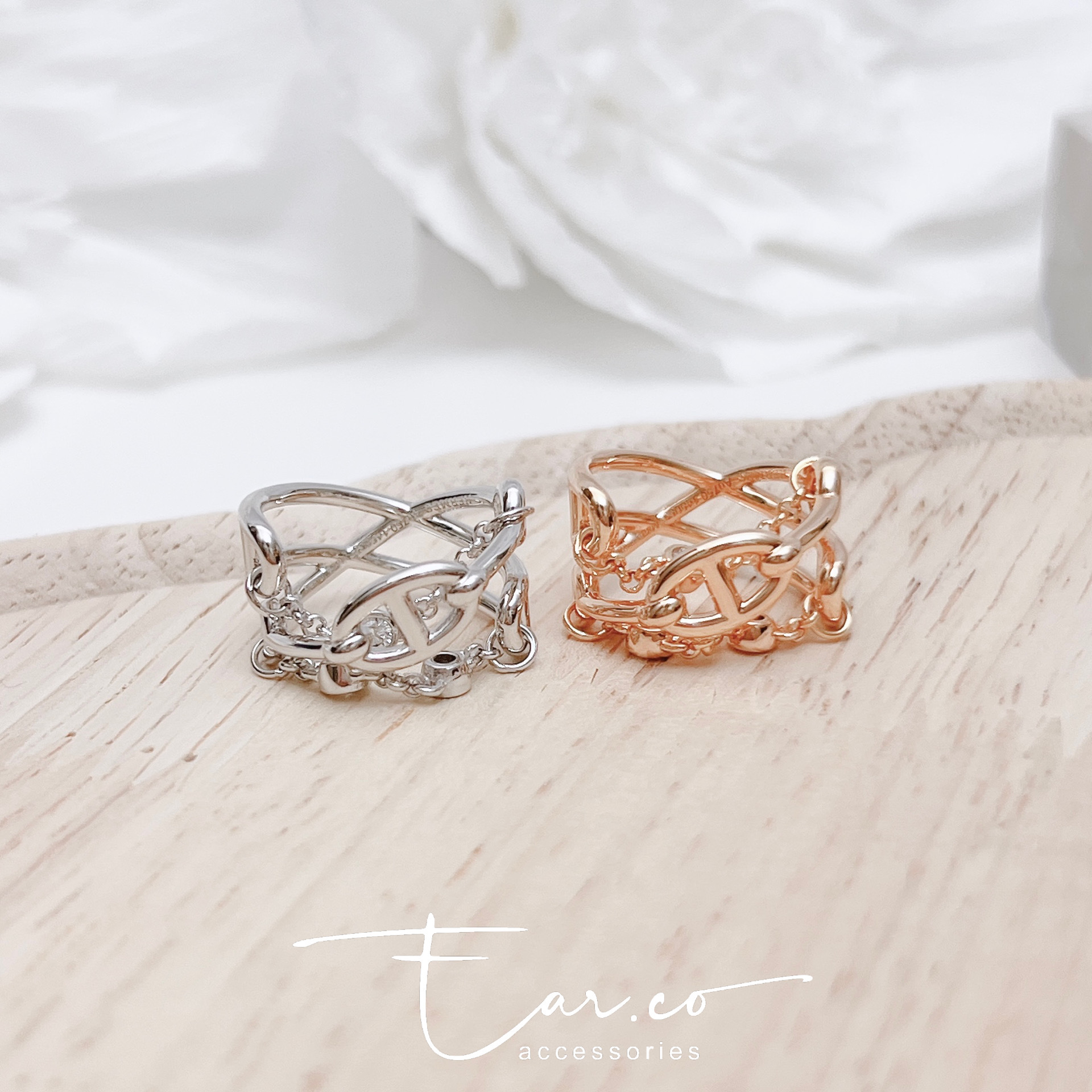 三層鏈條豬鼻圖案純銀戒指 #A1076