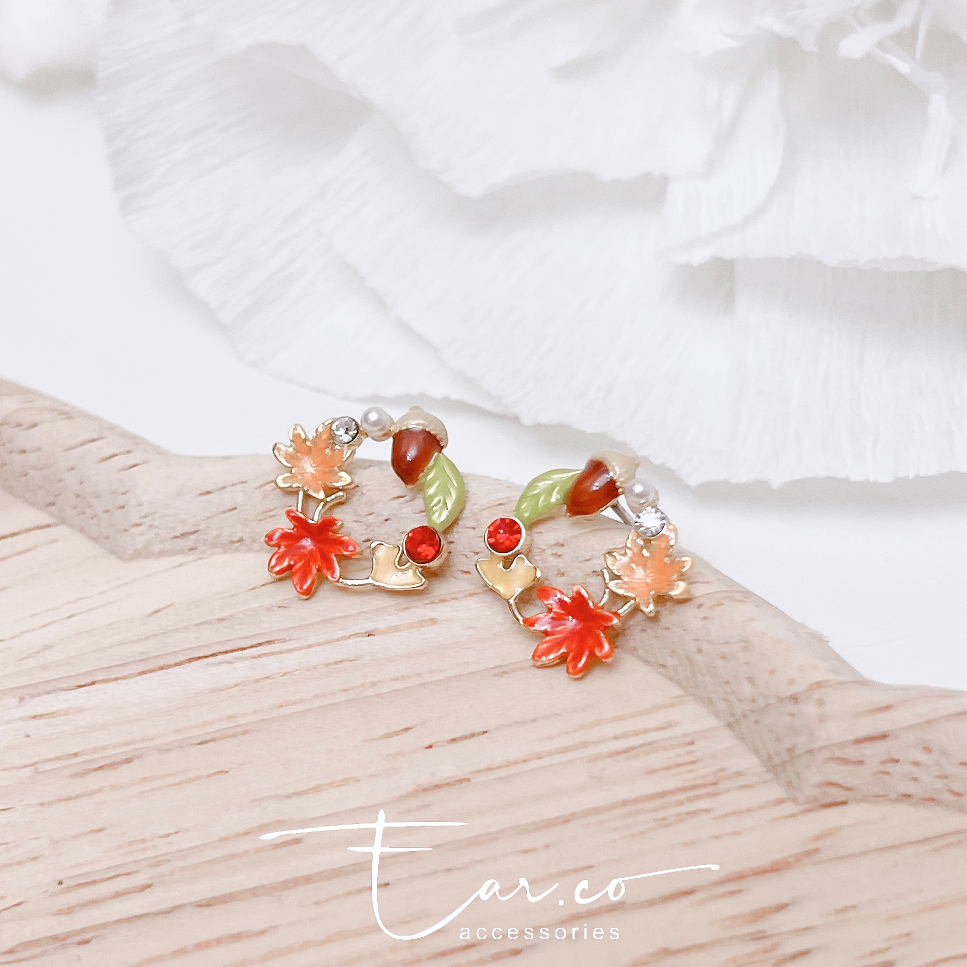 松果拼楓葉耳環 #A1077