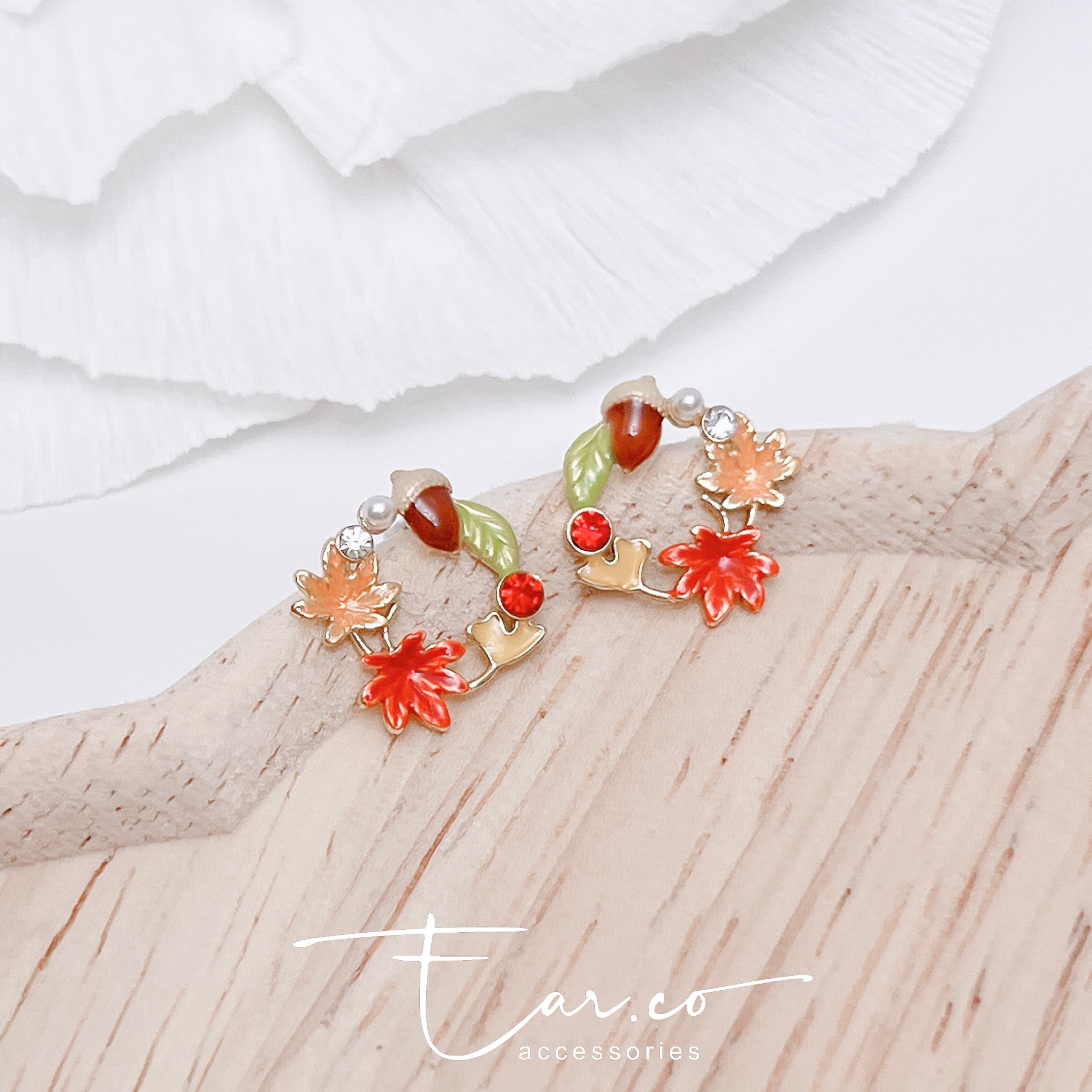 松果拼楓葉耳環 #A1077