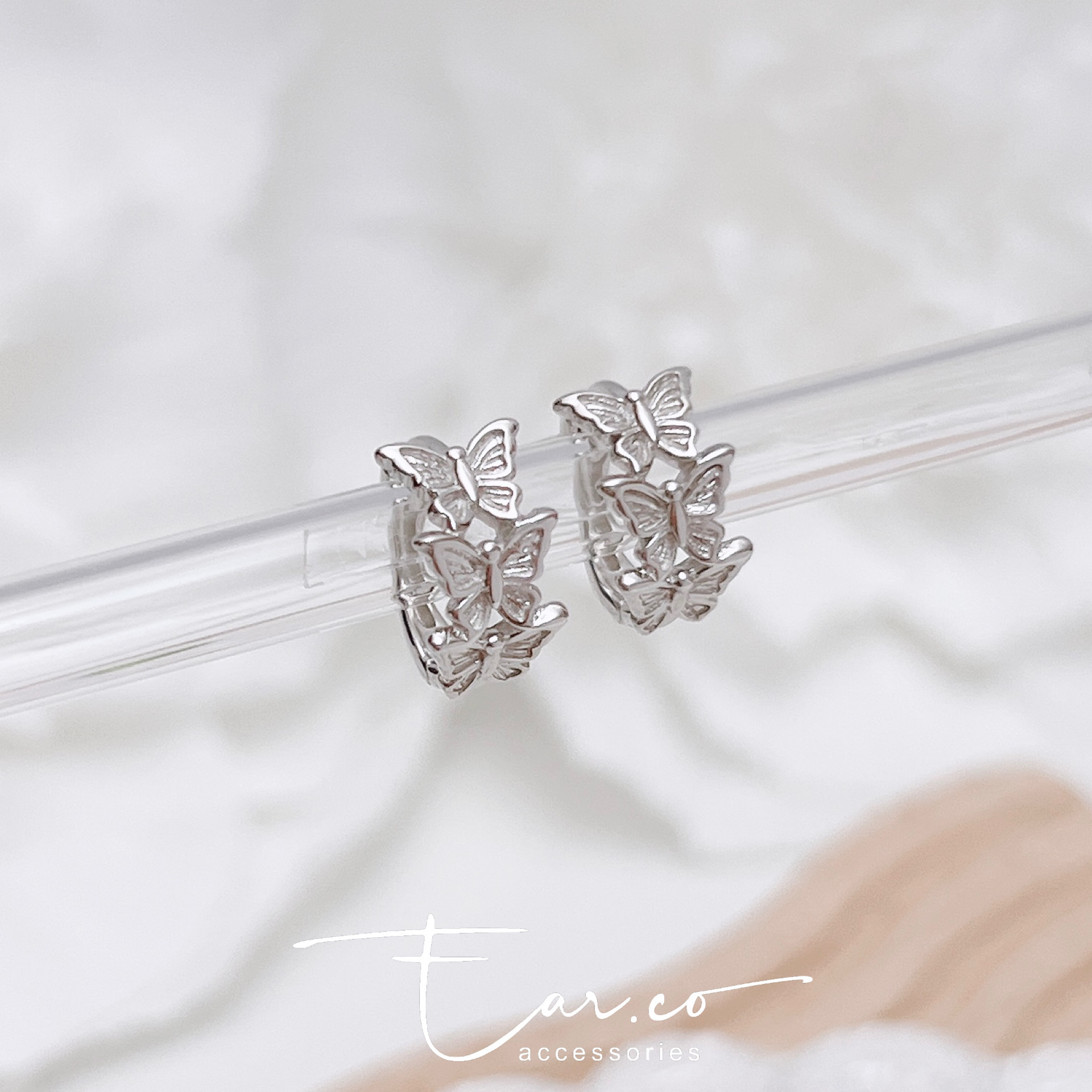 三連小蝴蝶純銀小耳圈 [睡覺不用脫! ] #A1082