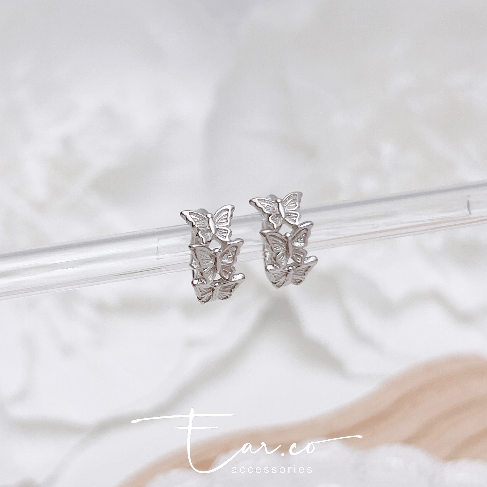 三連小蝴蝶純銀小耳圈 [睡覺不用脫! ] #A1082