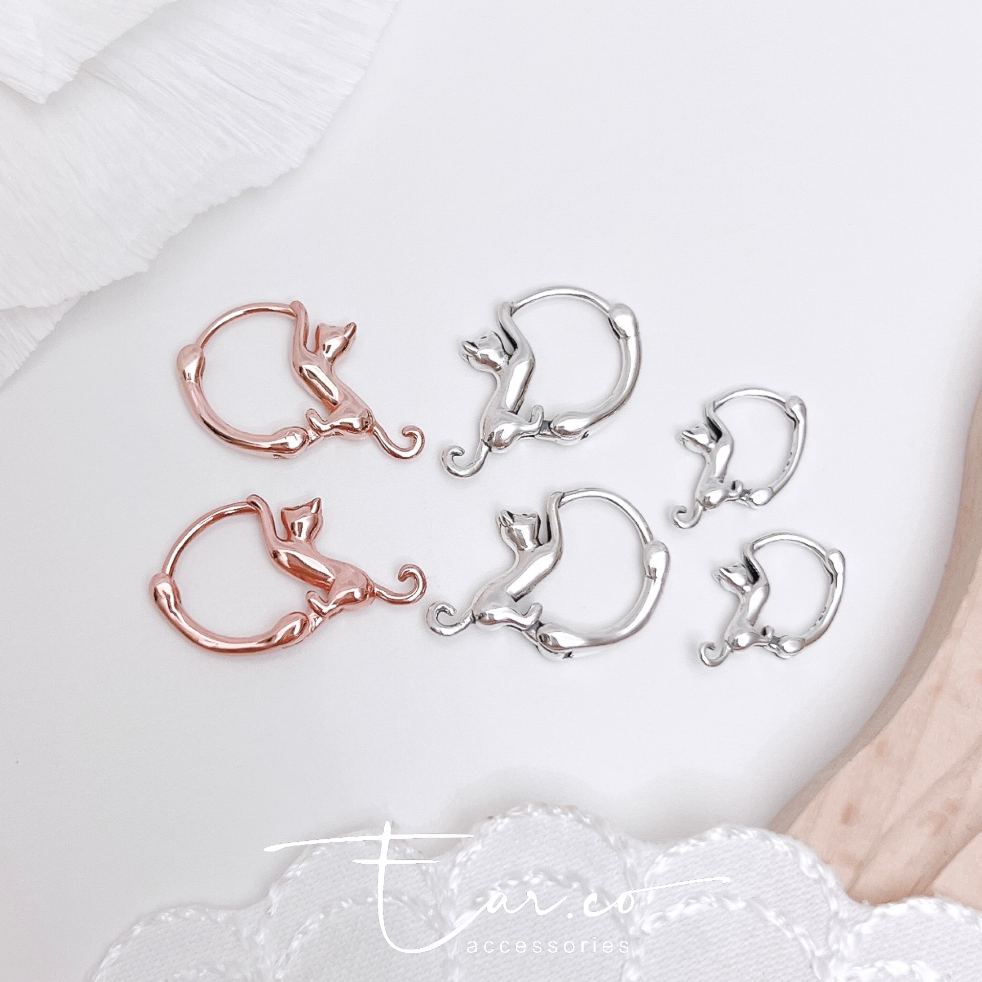 趴趴貓咪純銀小耳圈 [睡覺不用脫! ] #A1087