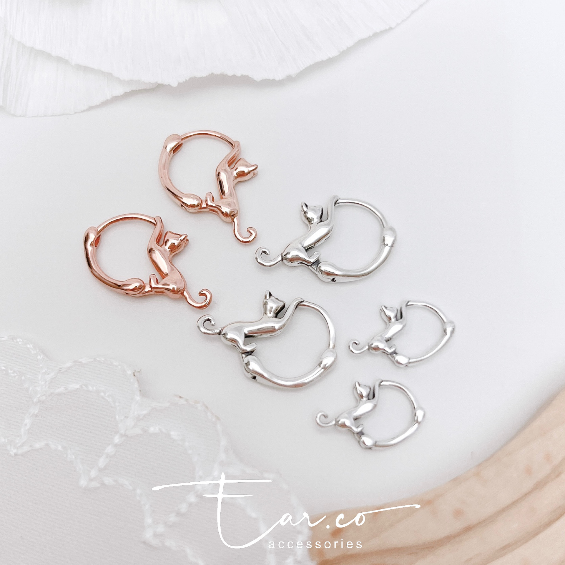 趴趴貓咪純銀小耳圈 [睡覺不用脫! ] #A1087