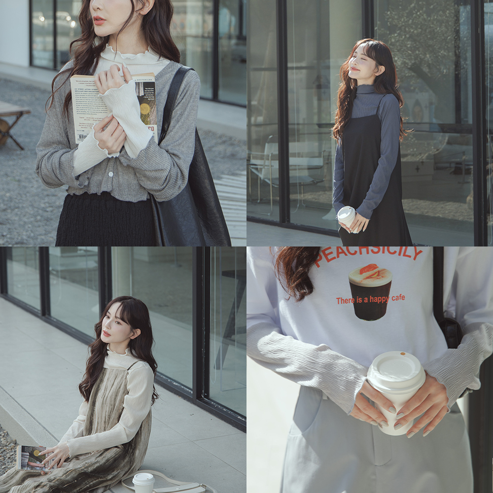 Pleated high-neck sheer top trimmed with agaric laces four colors【01051467】in stock+pre-order