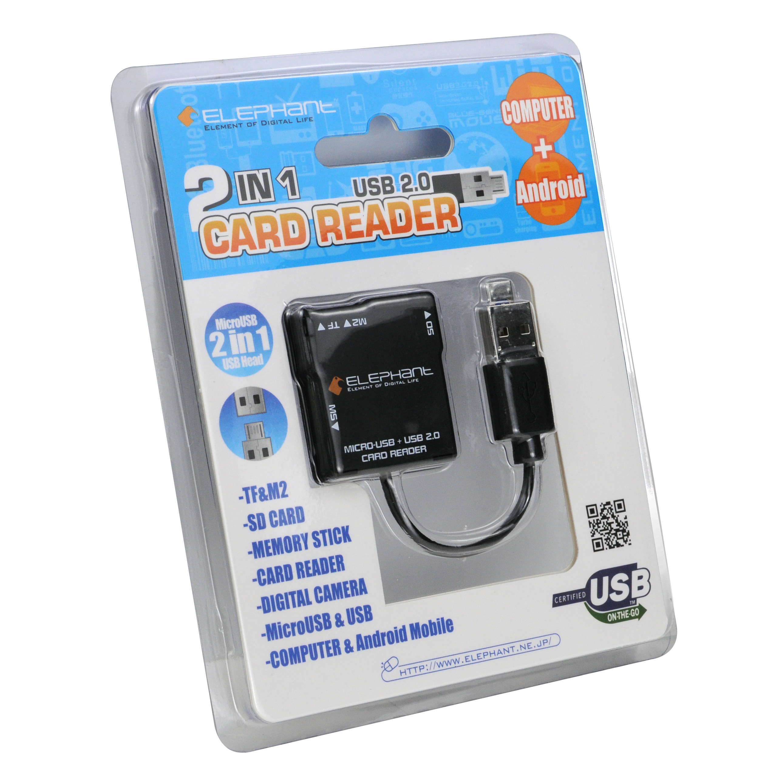 ELEPHANT - WER-1015-WH 2合1插頭讀卡器 Card Reader USB, Micro USB PC and Android smart phone