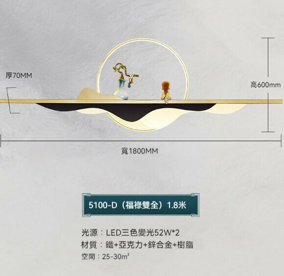 熱推中式背景牆裝飾壁燈（福祿雙全款180cm）【LED三色變光】