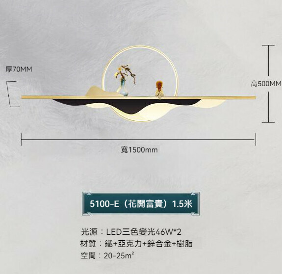 熱推中式背景牆裝飾壁燈（花開富貴款150cm）【LED三色變光】