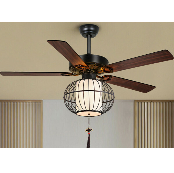 新款中式仿古燈籠吊扇燈LED電扇燈一體(HC1005 42寸-燈籠款-遙控款)(燈體總高：47cm 展開直徑：107cm)